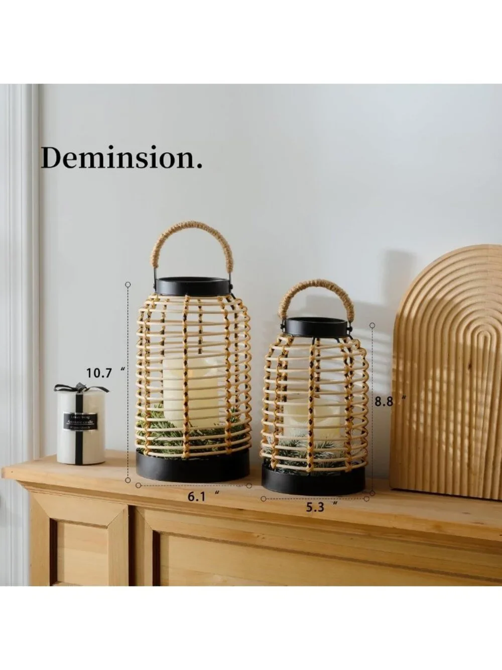 Handwoven Rattan Lantern Set with Straw Handle, Boho Chic Decor for Patio & Home